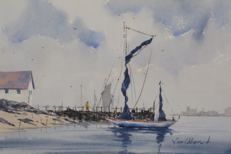 seascape, boat, sailboat, dock, pier, beach, sea, harbor, ocean, original watercolor painting, oberst